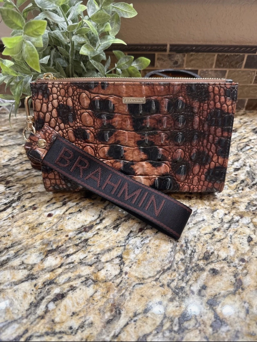 Brahmin Brown and Black Croc-Embossed Wristlet with Logo Strap